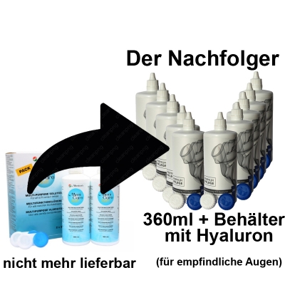 Aus Menicare Soft wird Premium Pflege Kombilösung mit Hyaluron 10 x 360ml / 10 Behälter