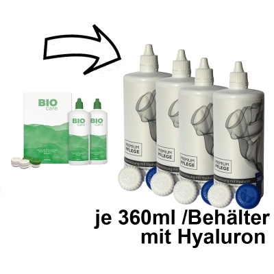 Aus Menicon Bio Care wird Premium Pflege Kombilösung mit Hyaluron 4 x360ml / 4 Behälter